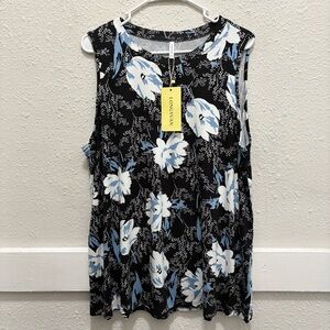 LONGYUAN Women's Blue and White Floral Sleeveless Top NWT 3X